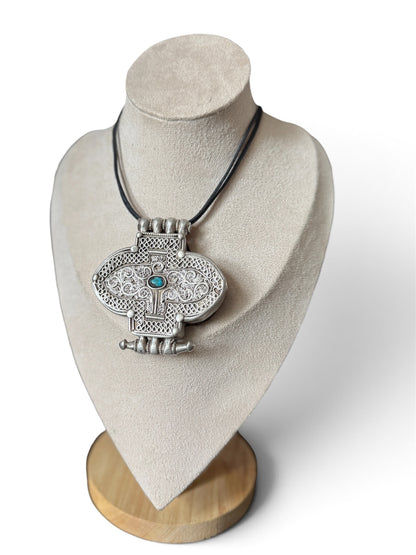 Antique Tibetan Silver Ghau Pendant with Turquoise Accent and Brass Back Cover