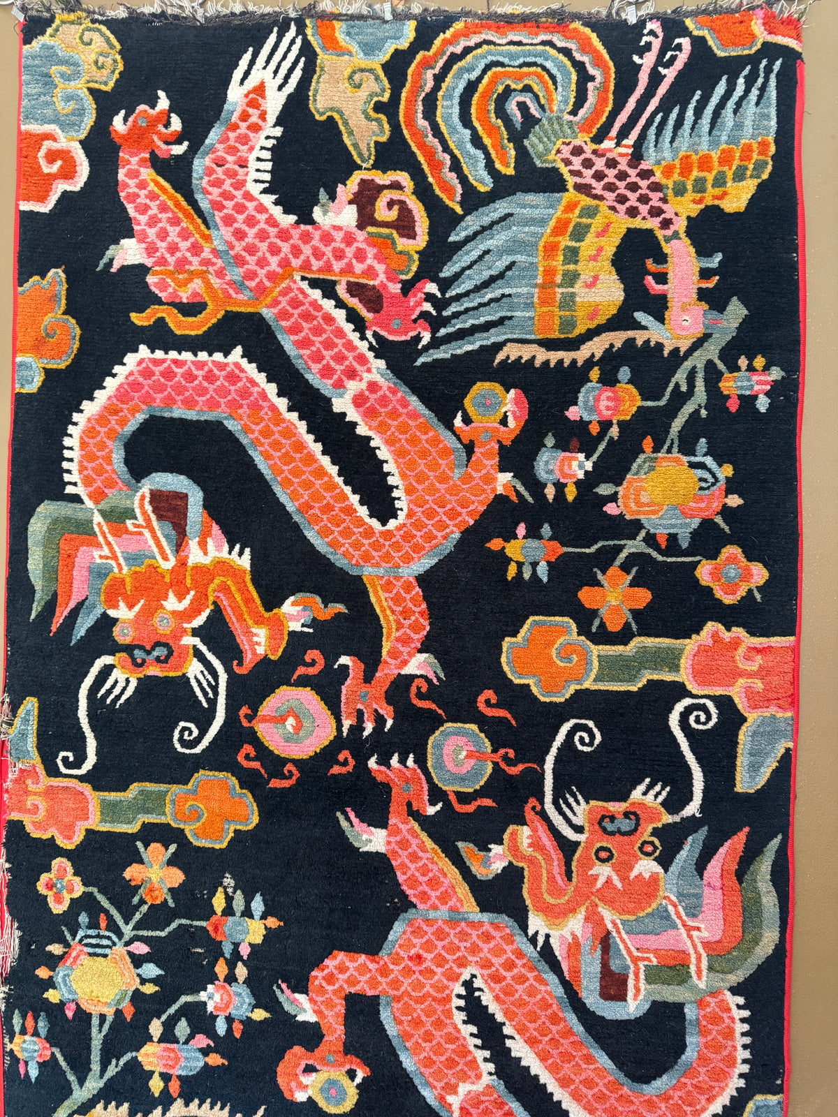 Early 20th C., antique Tibetan dragon rug