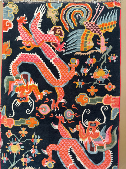 Early 20th C., antique Tibetan dragon rug