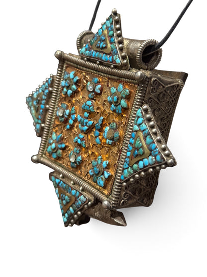 Large Antique Tibetan Silver Women's Ghau Pendant with Gold Sheet and Turquoise Inlay