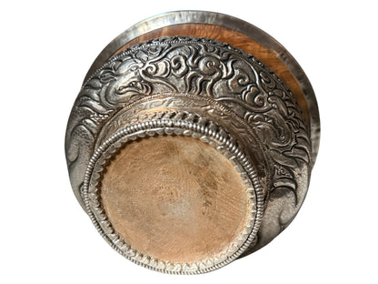 Antique Tibetan Burlwood Silver Mounted Offering Bowl Himalayan Pedestal Bowl