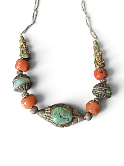 Antique Tibetan Necklace with Turquoise Hair Bead Pendant