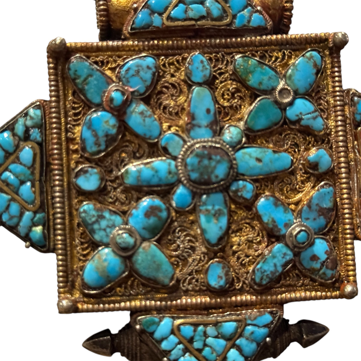 Antique Tibetan Gilded Silver and Turquoise Women's Ghau Pendant