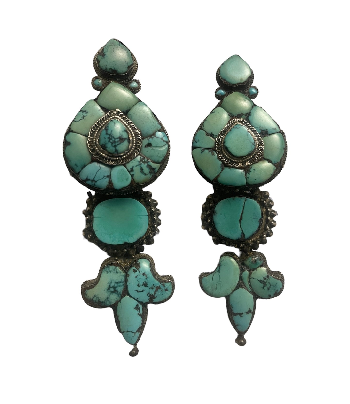 A pair of antique Tibetan turquoise and silver ear pendants
