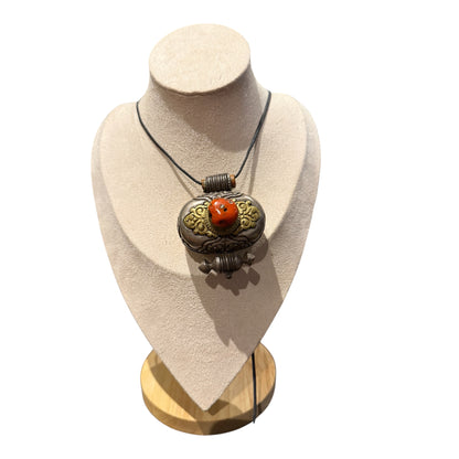 Antique Tibetan Silver Ghau Pendant with Old Coral Cabochon | Himalayan Buddhist Amulet