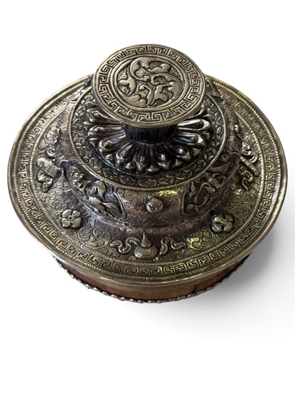 Antique Tibetan Silver Ritual Cup Lid | Dragon & Phoenix Motif | Himalayan Buddhist Art (LID ONLY, CUP NOT INCLUDED)