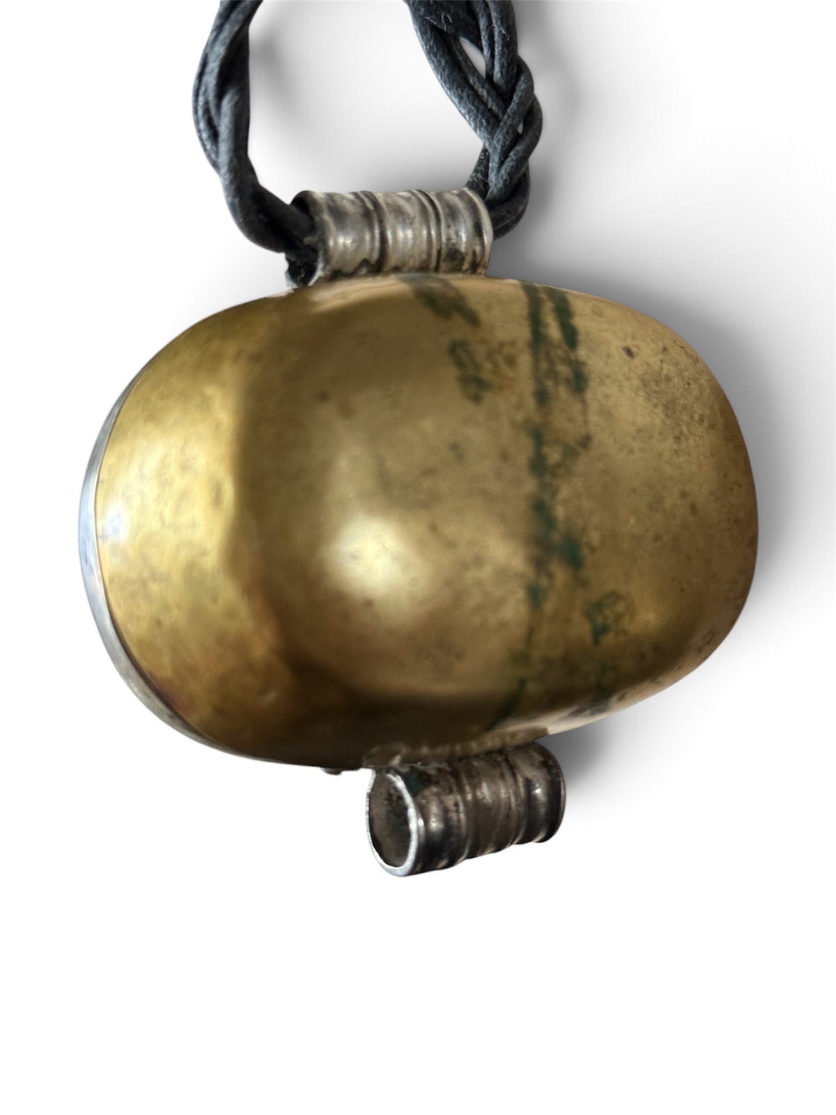 Antique Tibetan Silver Ghau Pendant with Turquoise Cabochon and Brass/Copper Back Cover