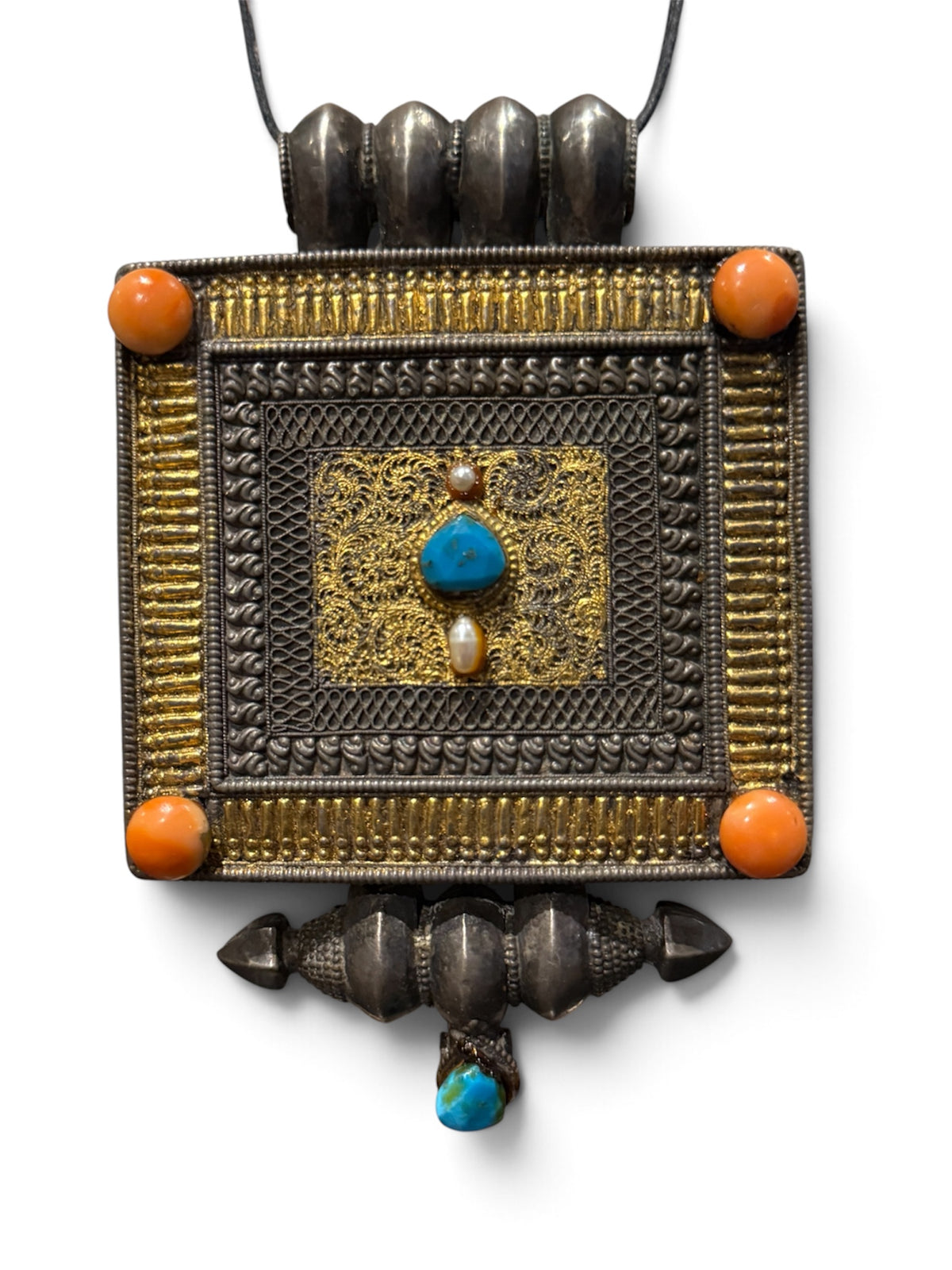 Large Antique Tibetan Silver Ghau Pendant with Turquoise and Coral Stones