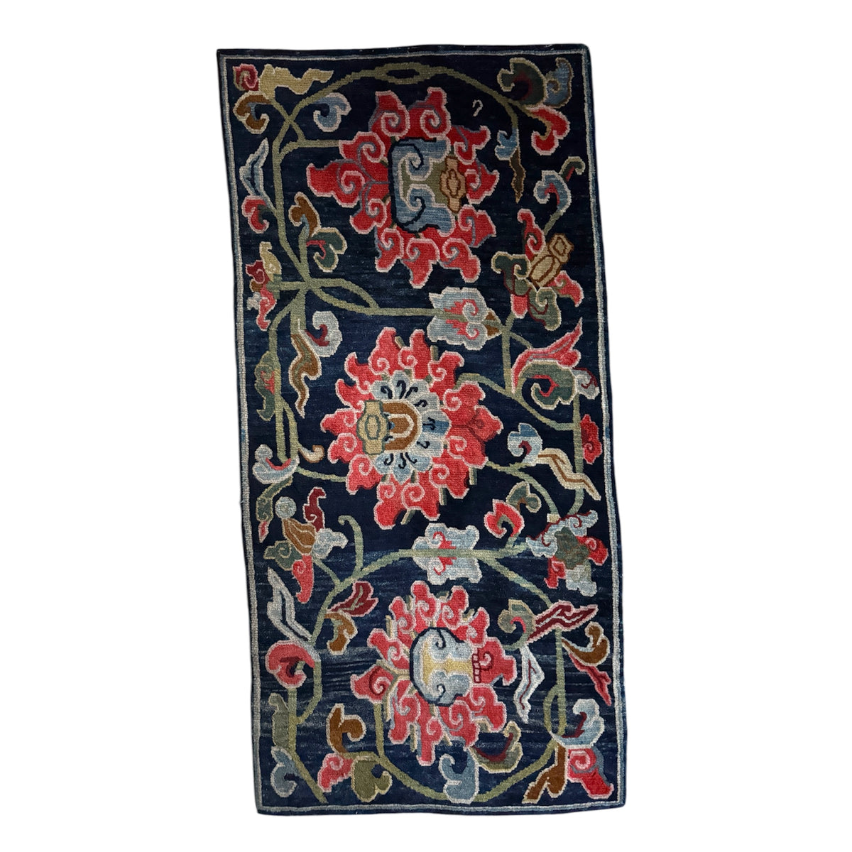 Antique Tibetan Wool Rug c.1900 Floral Himalayan Carpet 5'8" x 2'9