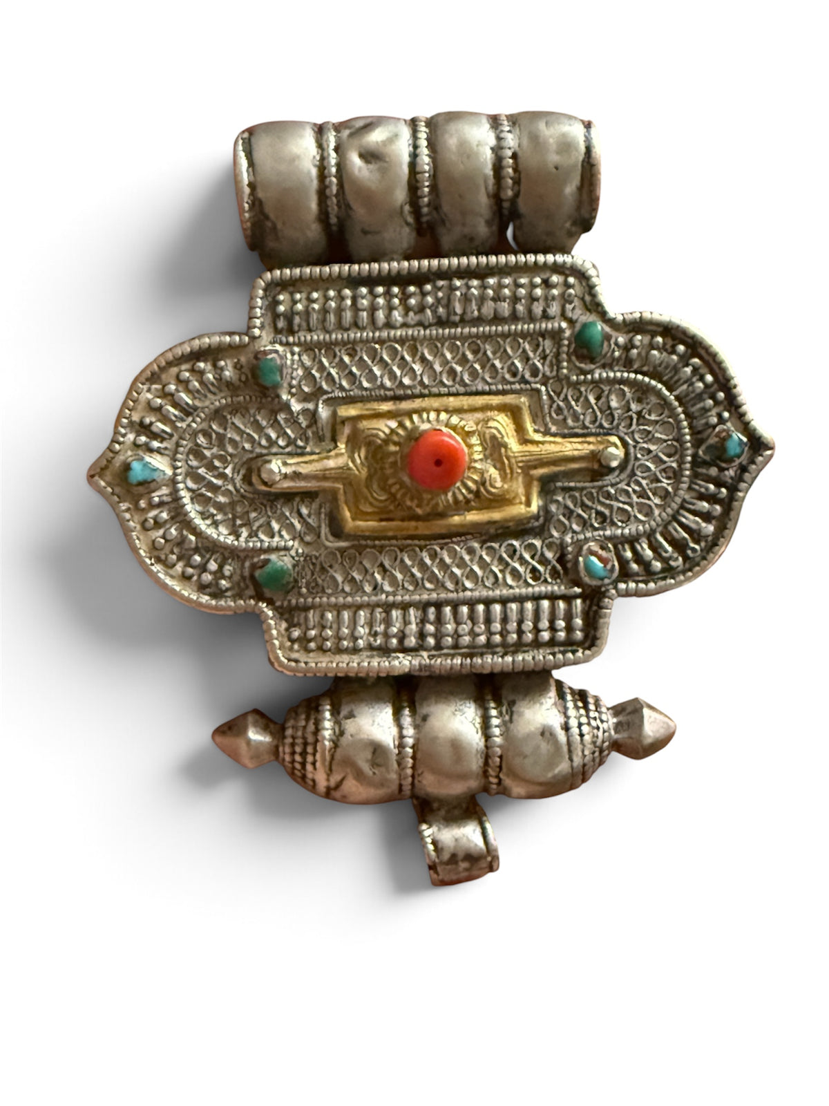 Antique Tibetan Silver Ghau Pendant with Turquoise Stones, Coral Accent, and Brass Back Cover