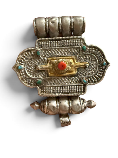 Antique Tibetan Silver Ghau Pendant with Turquoise Stones, Coral Accent, and Brass Back Cover