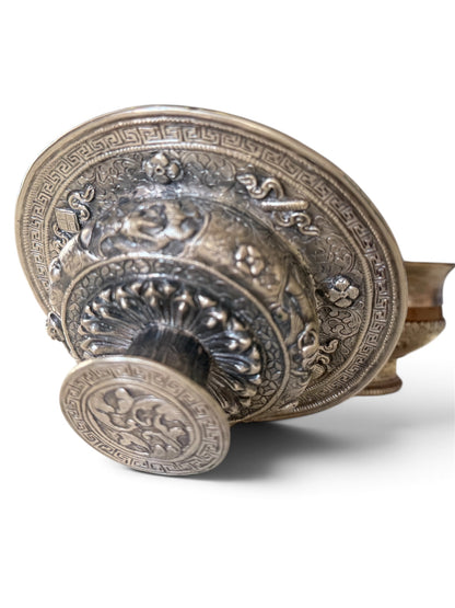 Antique Tibetan Silver Ritual Cup Lid | Dragon & Phoenix Motif | Himalayan Buddhist Art (LID ONLY, CUP NOT INCLUDED)