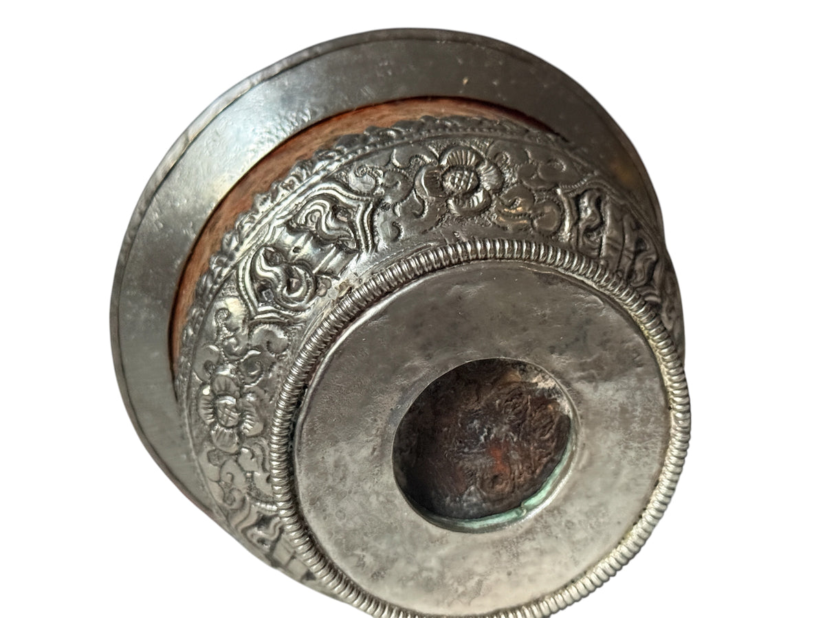 Antique Tibetan Burlwood Silver Mounted Offering Bowl Himalayan Pedestal Cup