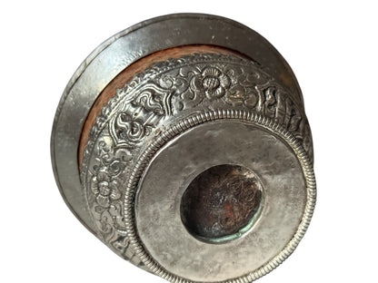 Antique Tibetan Burlwood Silver Mounted Offering Bowl Himalayan Pedestal Cup