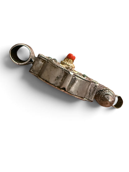 Antique Tibetan Silver Ghau Pendant with Turquoise Stones, Coral Accent, and Brass Back Cover
