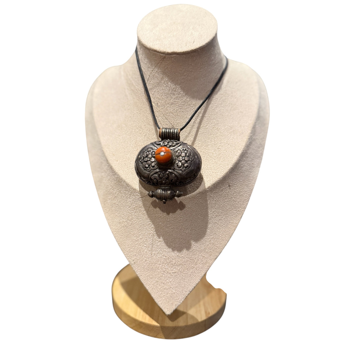 Antique Tibetan Silver Ghau Pendant with Coral Stone | Himalayan Buddhist Amulet Shrine