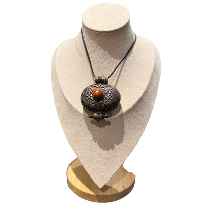 Antique Tibetan Silver Ghau Pendant with Coral Stone | Himalayan Buddhist Amulet Shrine