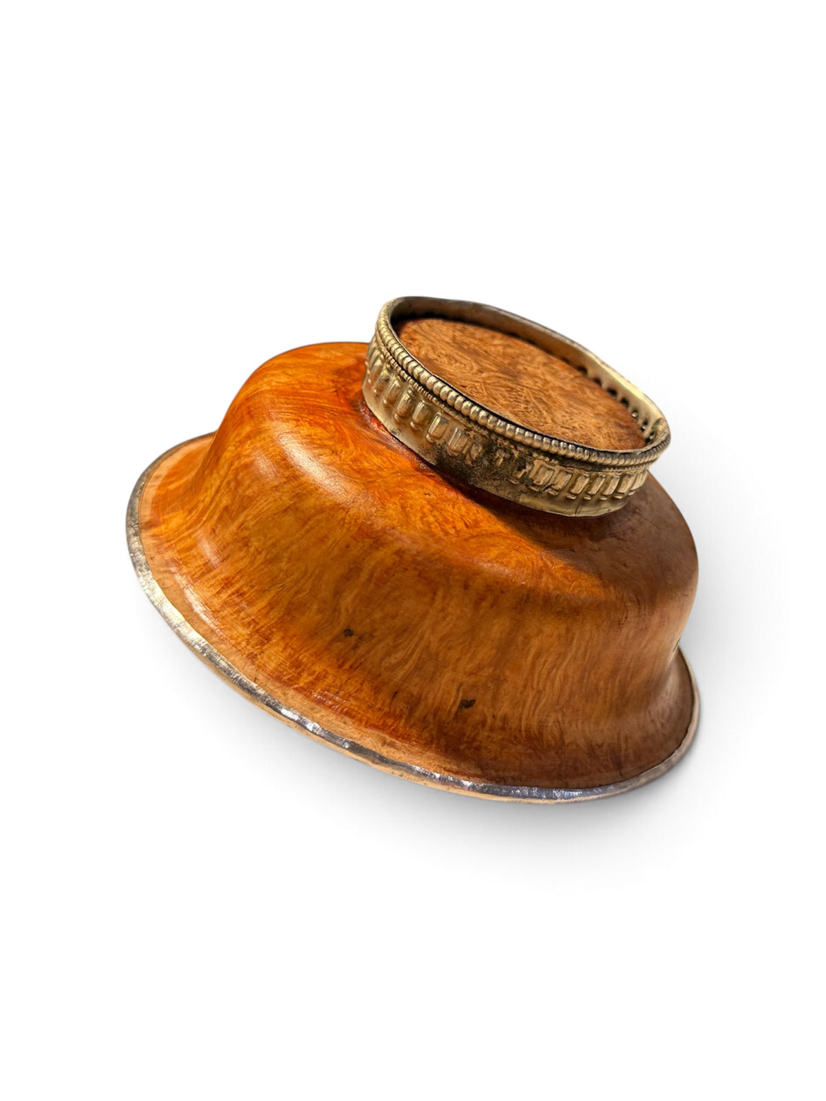 Antique Tibetan Burlwood Silver Mounted Offering Bowl Himalayan Cup 4"