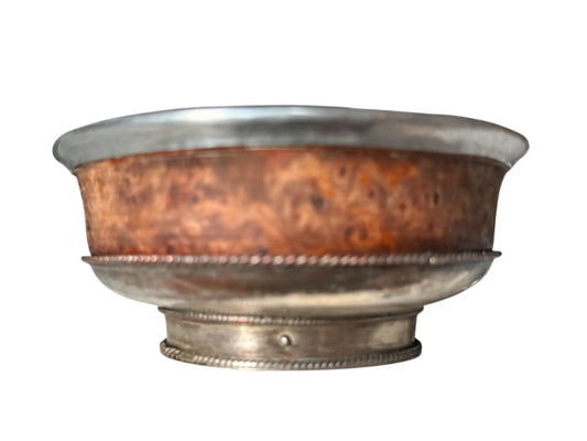 Antique Tibetan Burlwood Silver Mounted Offering Bowl Himalayan Cup