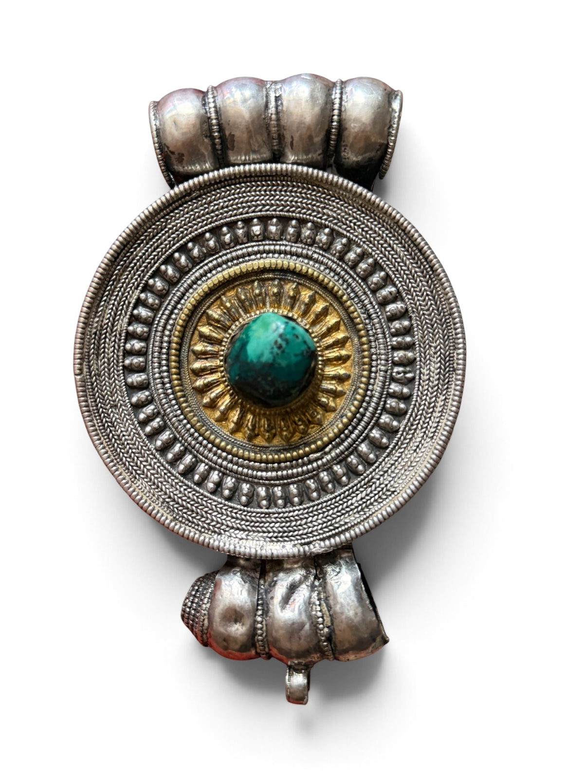 Large Antique Tibetan Silver Circular Ghau Pendant with Gilded Center and Turquoise Cabochon