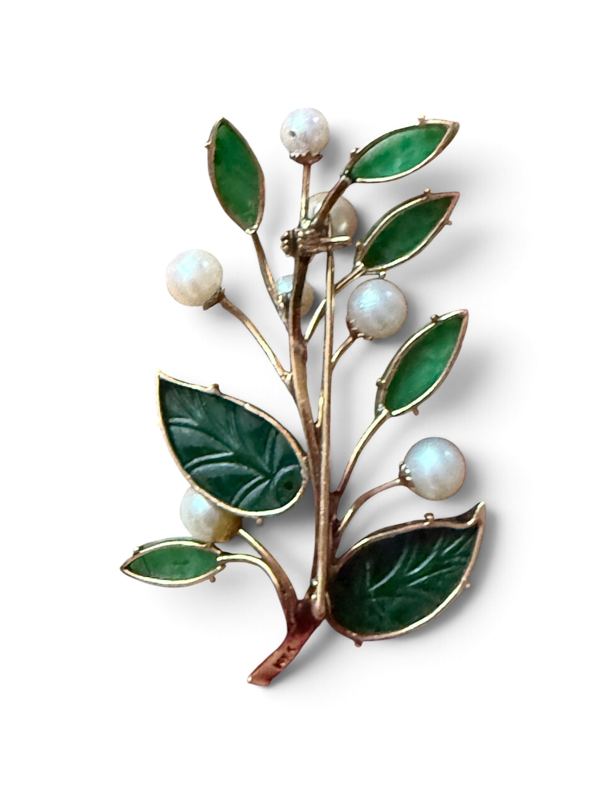 Vintage Jade, Pearl & Gold Floral Brooch | Carved Jade Leaf and Cultured Pearl Pin
