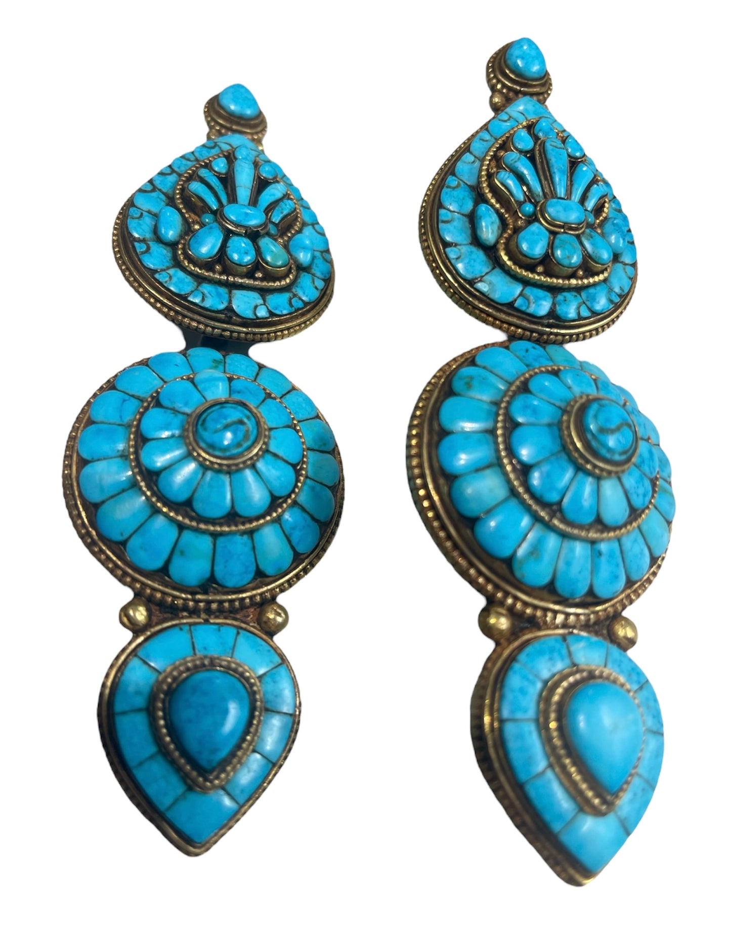 Pair of vintage Tibetan turquoise and gilded silver ear pendants