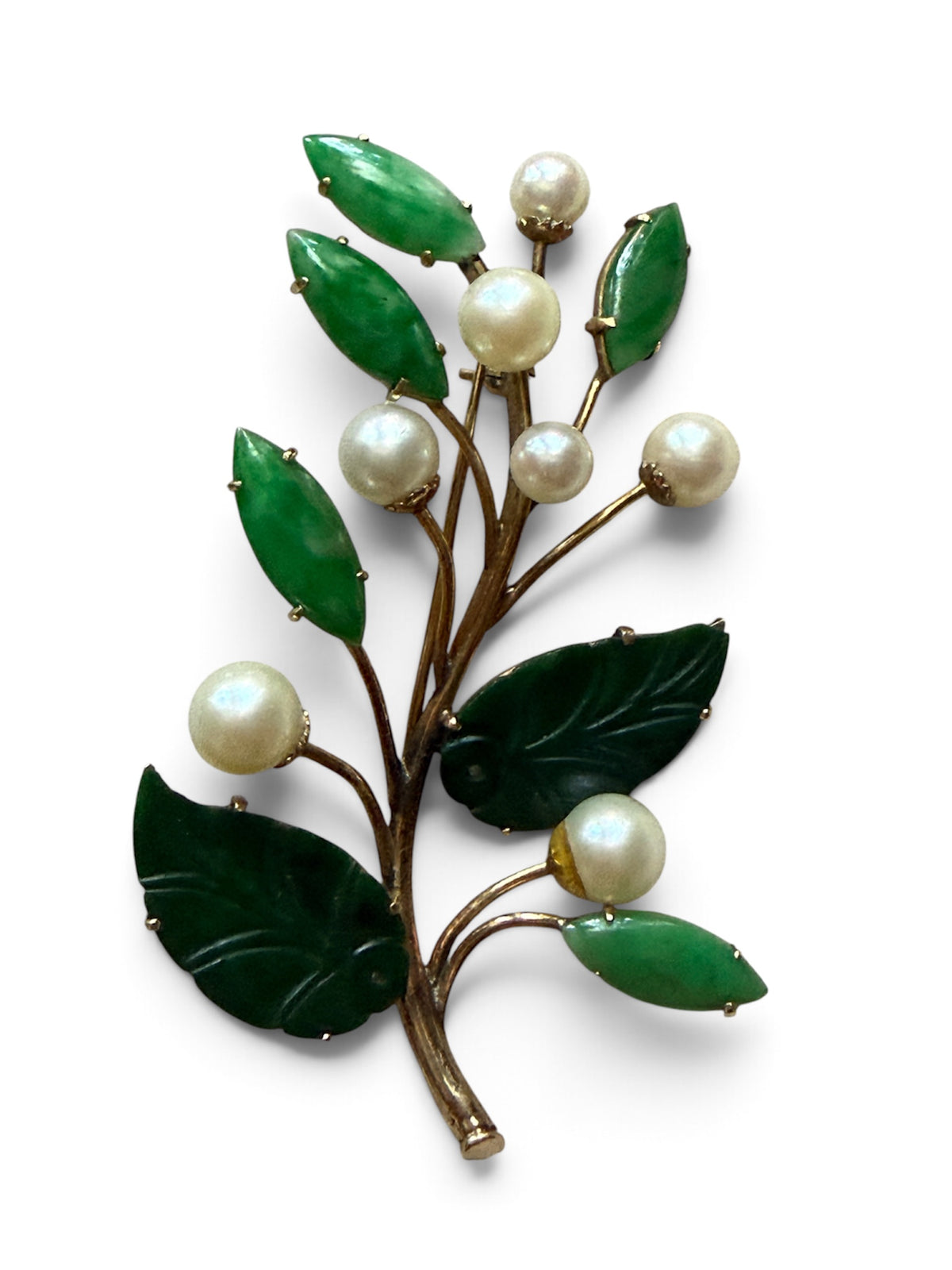 Vintage Jade, Pearl & Gold Floral Brooch | Carved Jade Leaf and Cultured Pearl Pin