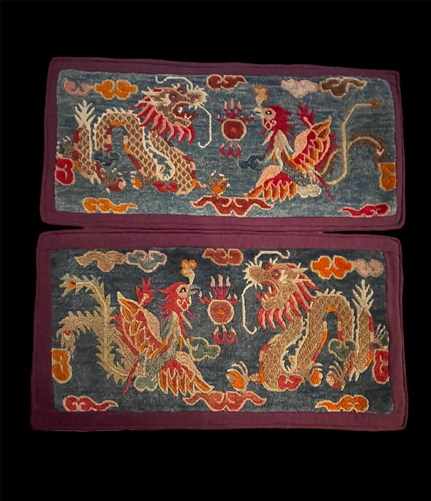 Early 20th C., antique Tibetan dragon and phoenix rugs