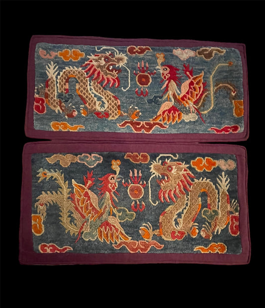 Early 19th C., antique Tibetan dragon and phoenix rugs