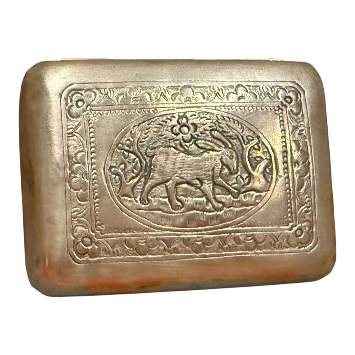 A silver box with hinged lid