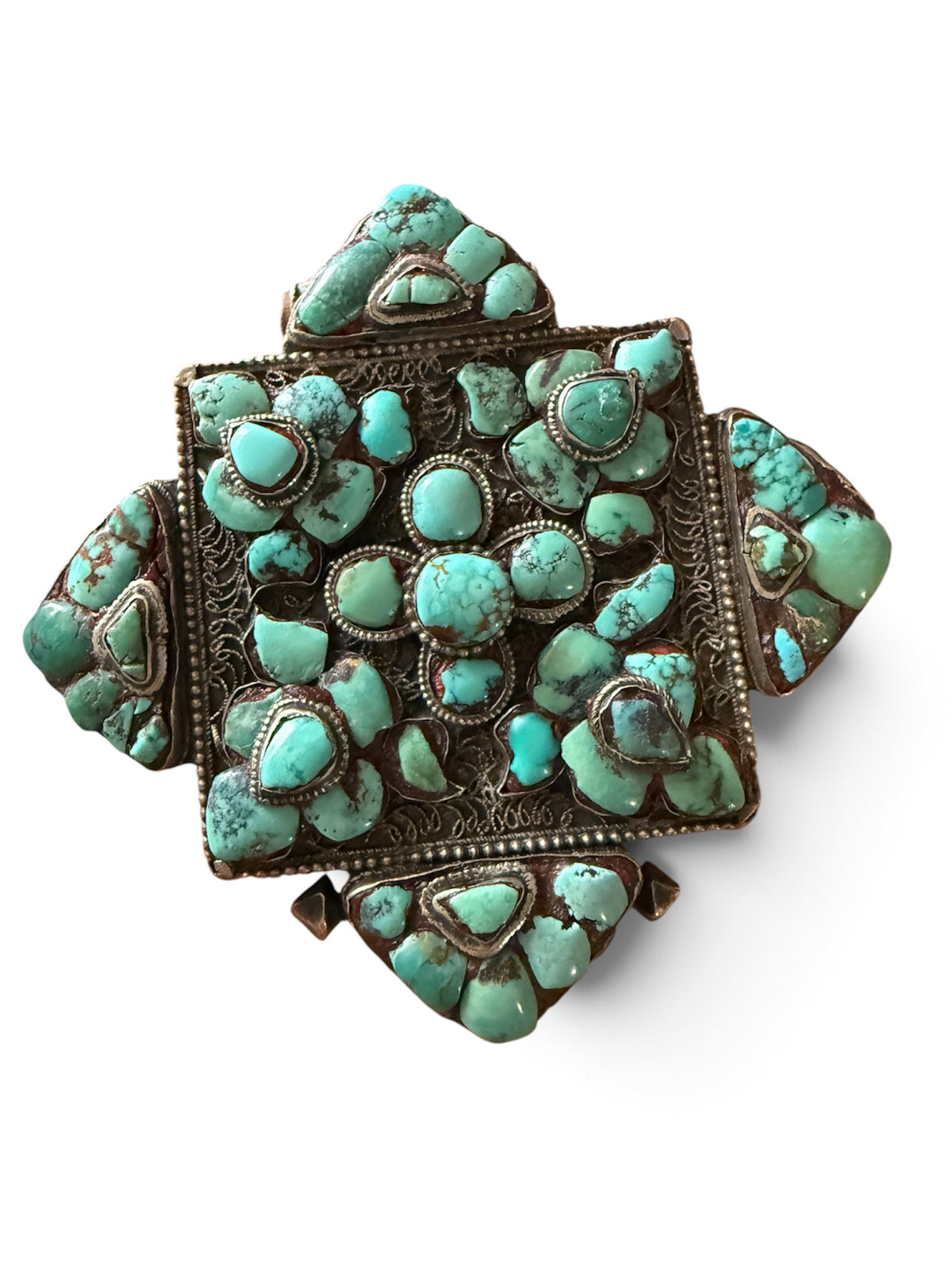 Antique Tibetan Silver Ghau with Exceptional Turquoise Decoration and Copper Back Cover