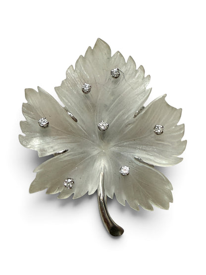 Vintage 14K Gold Rock Crystal & Diamond Leaf Brooch