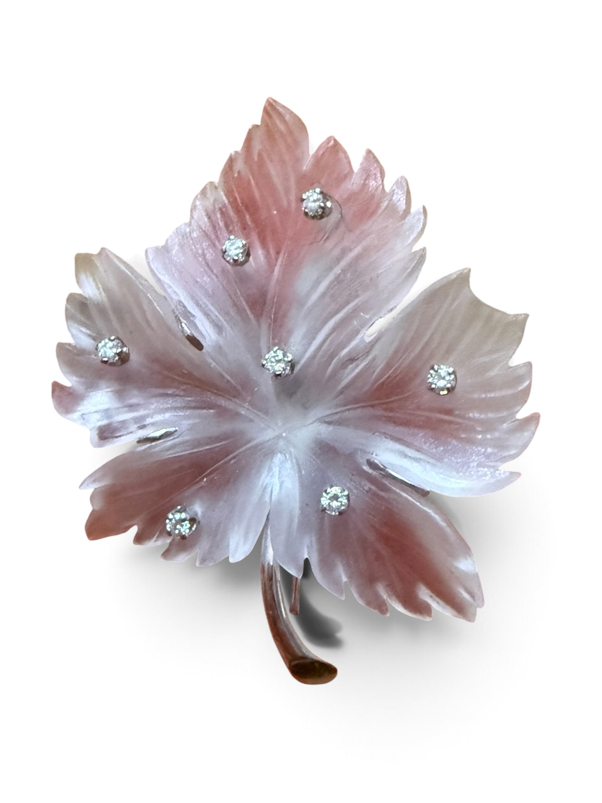 Vintage 14K Gold Rock Crystal & Diamond Leaf Brooch