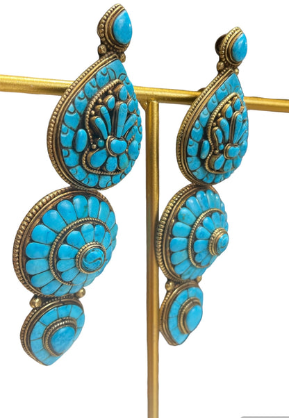 Pair of vintage Tibetan turquoise and gilded silver ear pendants