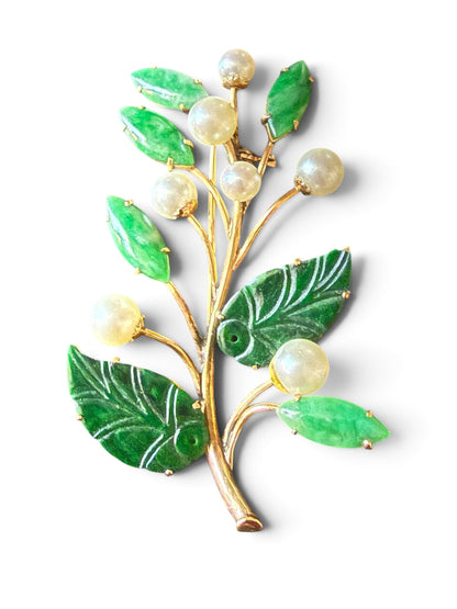 Vintage Jade, Pearl & Gold Floral Brooch | Carved Jade Leaf and Cultured Pearl Pin
