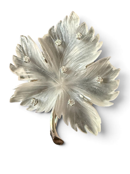Vintage 14K Gold Rock Crystal & Diamond Leaf Brooch