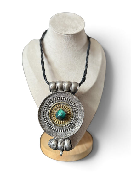 Large Antique Tibetan Circular Silver Ghau Pendant with Turquoise Cabochon