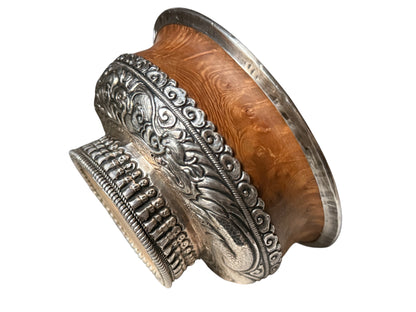 Antique Tibetan Burlwood Silver Mounted Offering Bowl Himalayan Pedestal Bowl