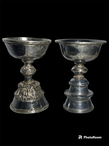 A set of 6 antique Tibetan silver butter lamps