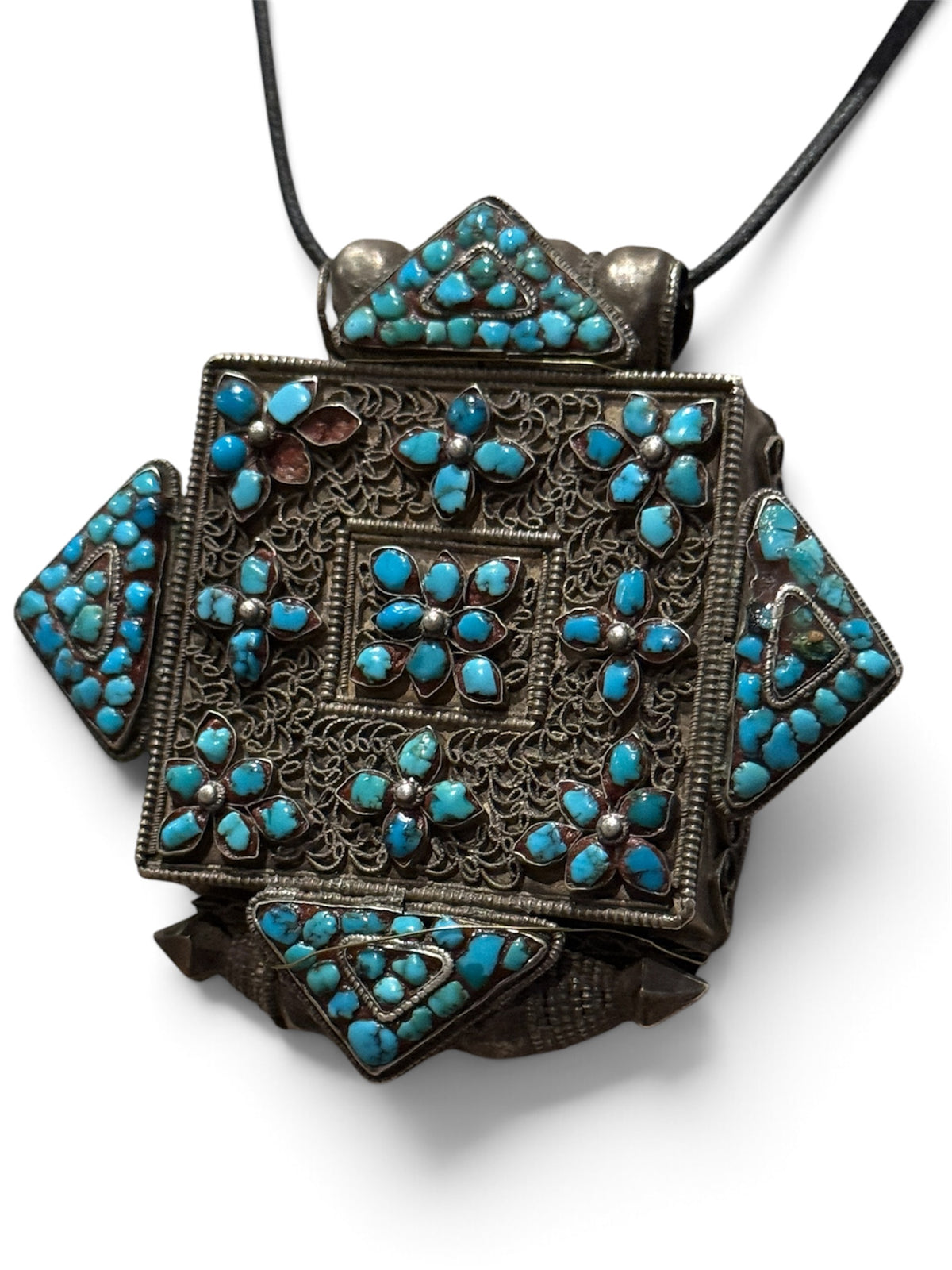 Antique Tibetan Silver Ghau with Turquoise Decoration and Silver Back Cover