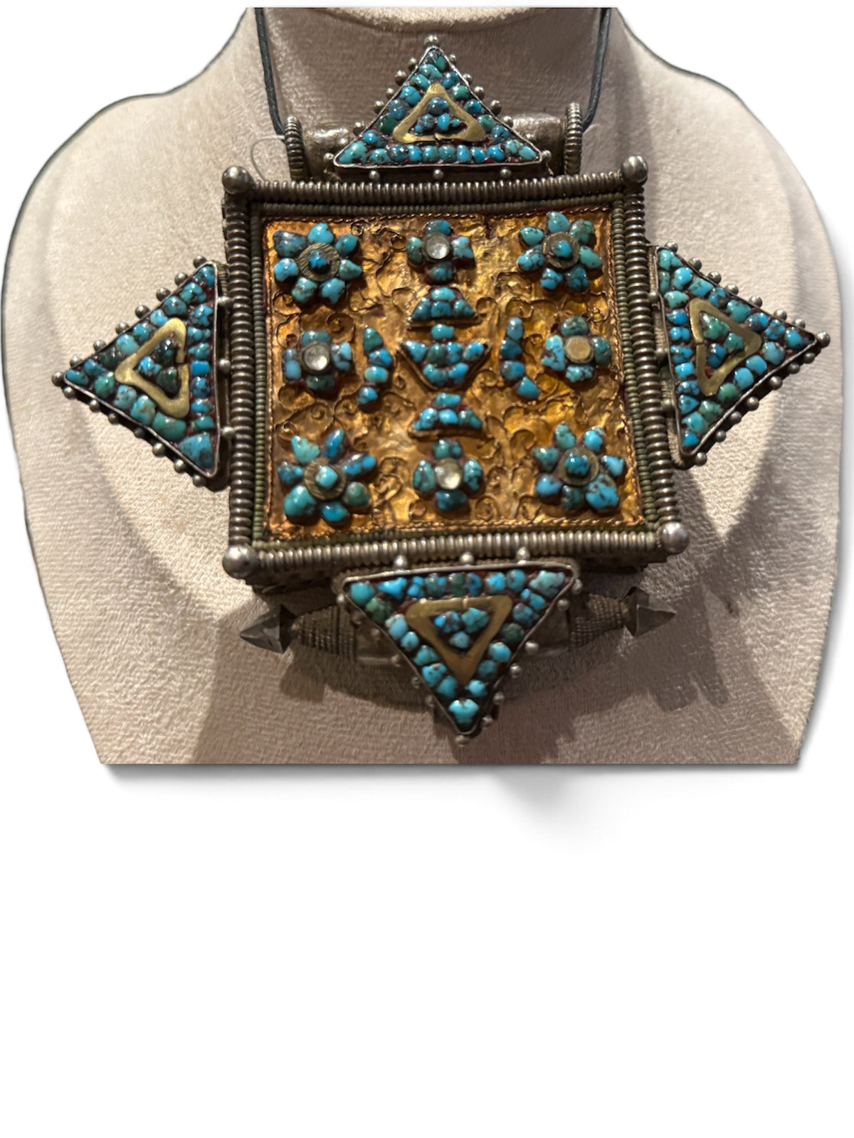 Large Antique Tibetan Silver Women's Ghau Pendant with Gold Sheet and Turquoise Inlay