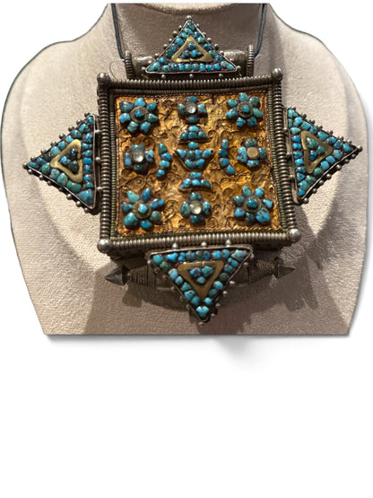 Large Antique Tibetan Silver Women's Ghau Pendant with Gold Sheet and Turquoise Inlay