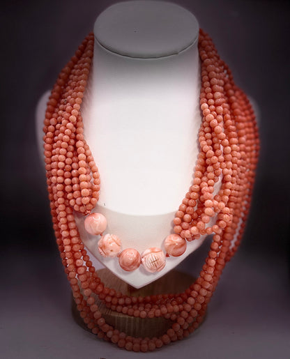 A multi strand coral bead necklace