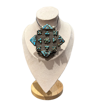 Large Antique Tibetan Silver Women's Ghau Pendant with Turquoise Decoration