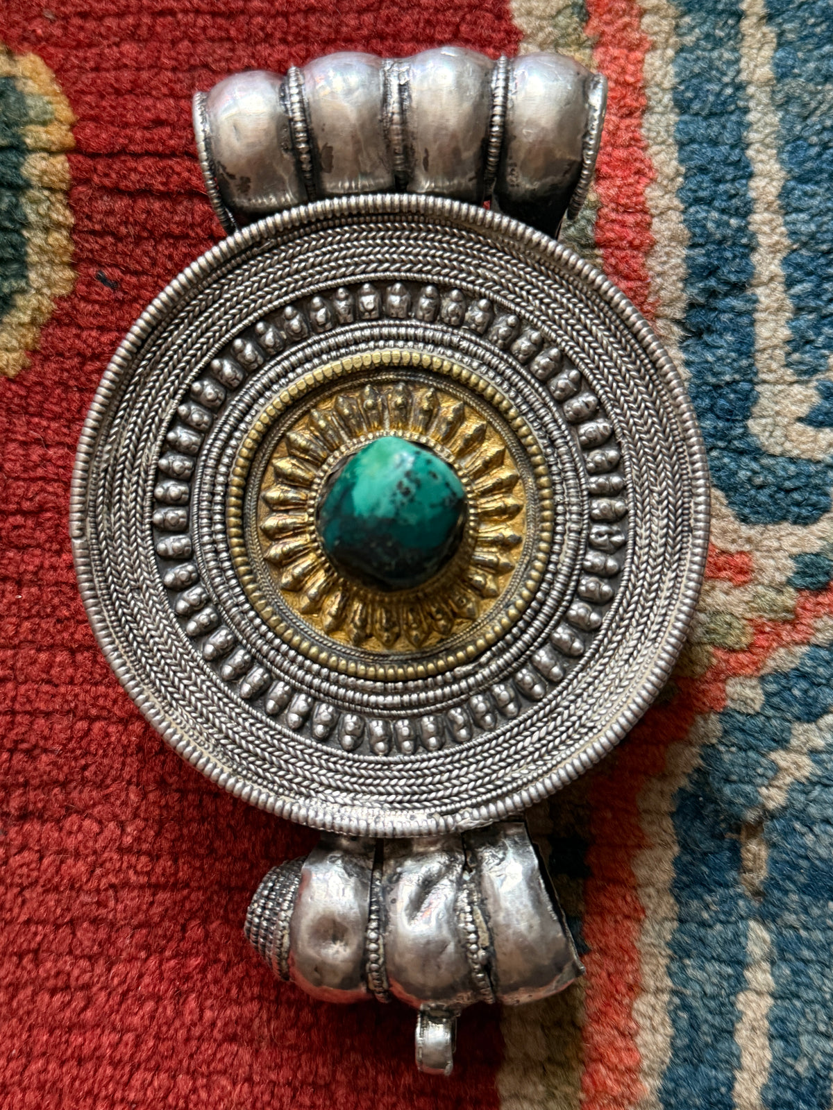 Large Antique Tibetan Silver Circular Ghau Pendant with Gilded Center and Turquoise Cabochon