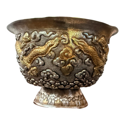 Antique silver and gilded silver carved dragon bowl