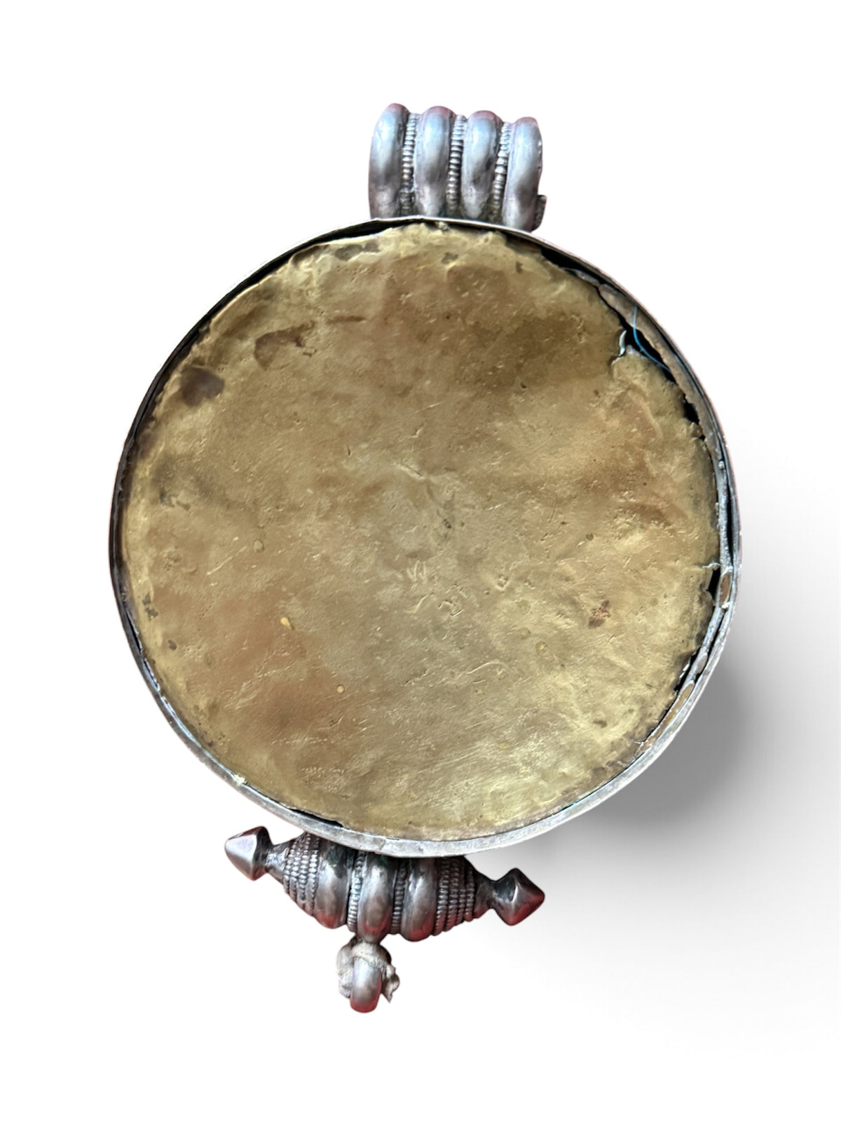Large Antique Tibetan Circular Silver Ghau Pendant with Turquoise Cabochon