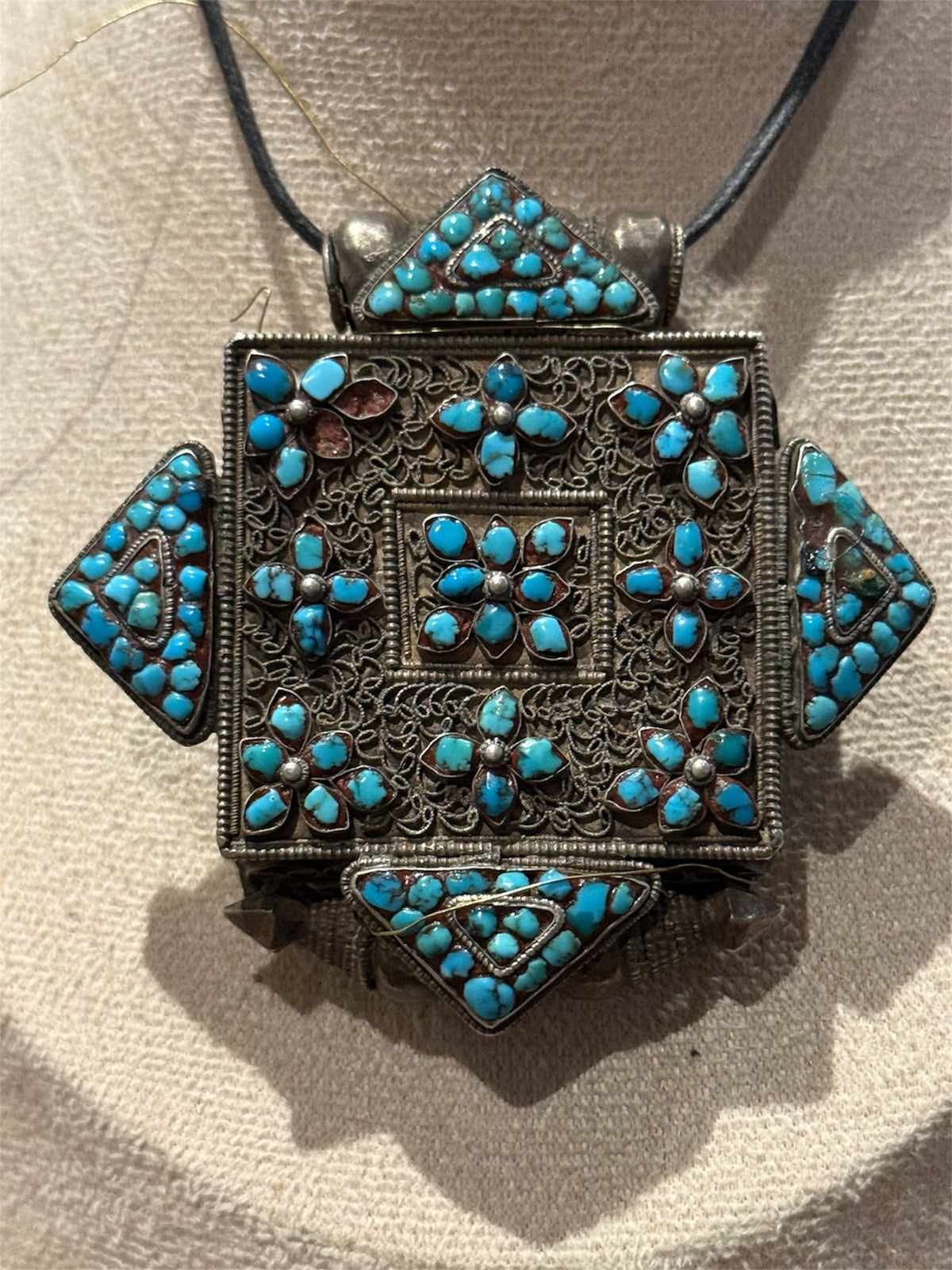 Antique Tibetan Silver Ghau with Turquoise Decoration and Silver Back Cover