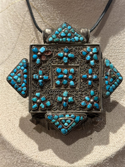 Antique Tibetan Silver Ghau with Turquoise Decoration and Silver Back Cover