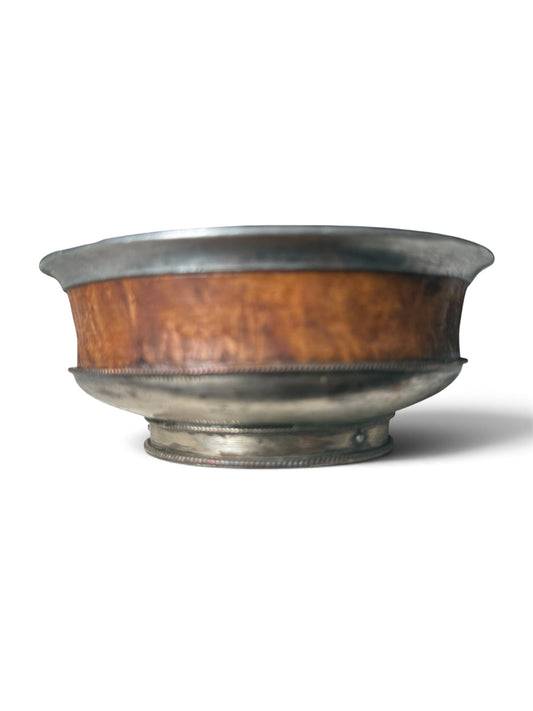 Antique Tibetan Burlwood Silver Mounted Bowl Himalayan Wood Vessel 4 7/8"